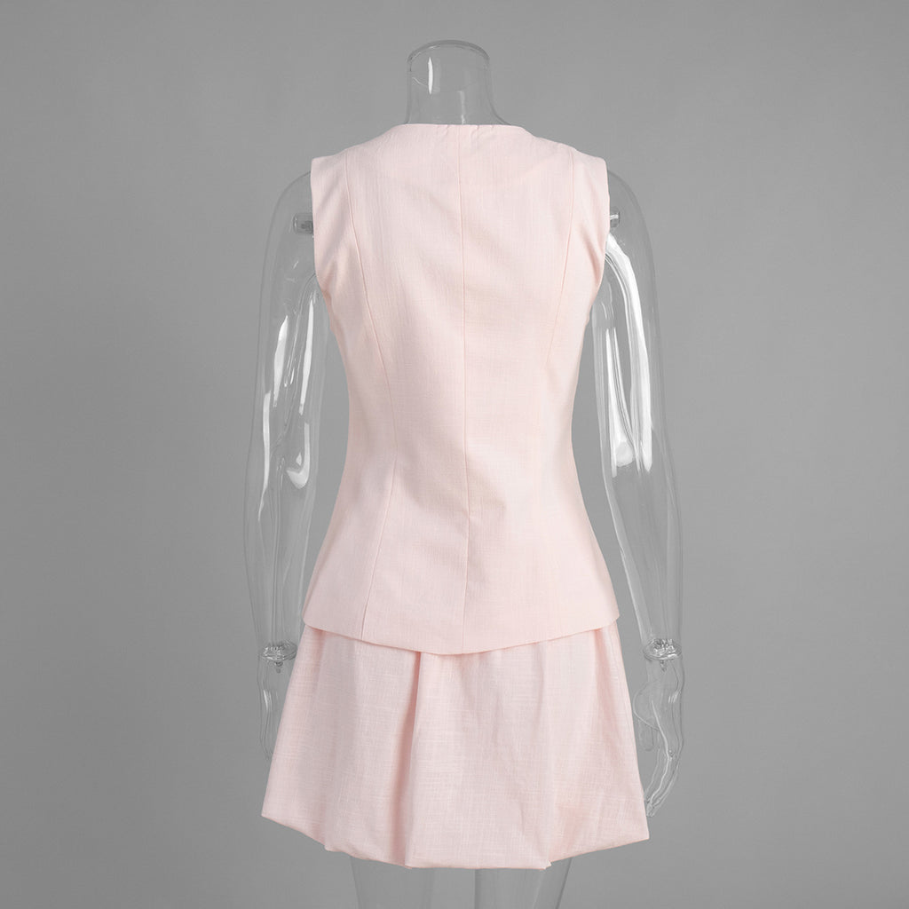 Cotton Peplum Vest & Bubble Mini Skirt Set in Soft Pink — set on mannequin, side