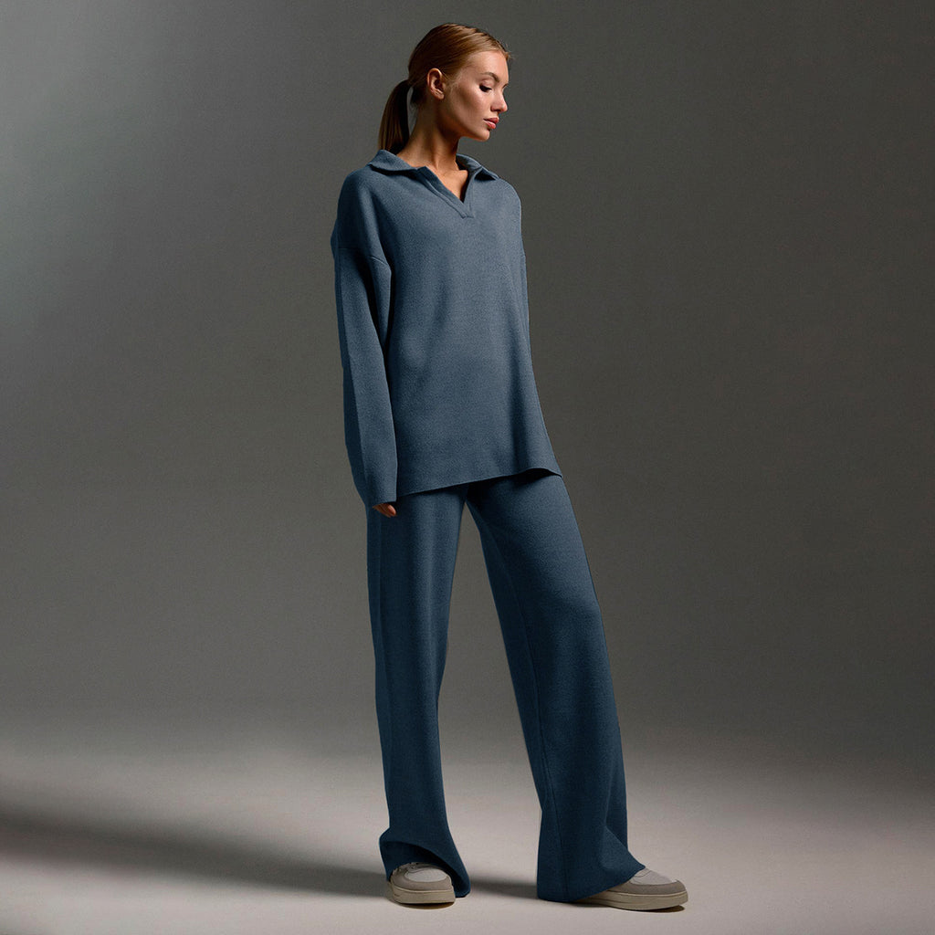 Polo Collar Knit Sweater & Wide-Leg Pants Set in Slate Blue — set worn on model, full length