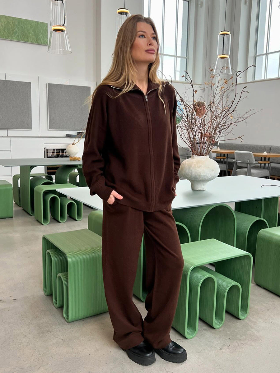 Wide-Collar Zip-Up Knit Cardigan & Wide-Leg Pants Set in Chocolate — full-length front view on model