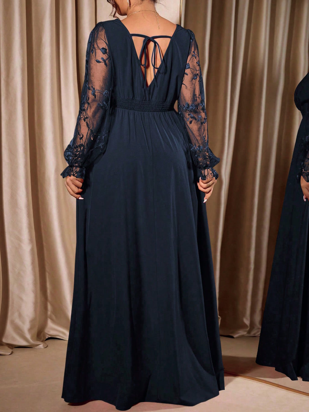Plus-Size Lace-Sleeve V-Neck Maxi Gown with Slit in Navy — back view on model