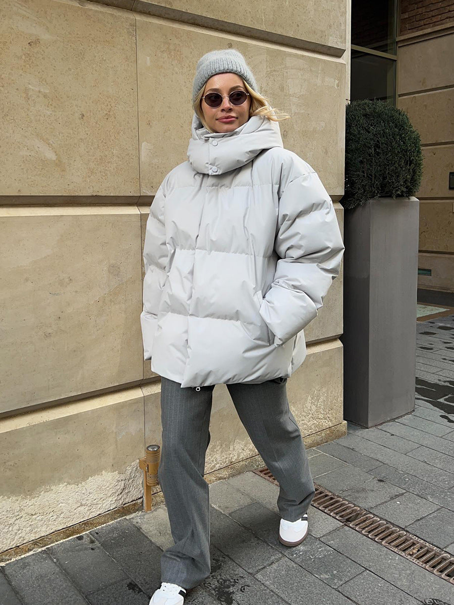 Matte Oversized Hooded Puffer Jacket in Light Gray — full-length view
