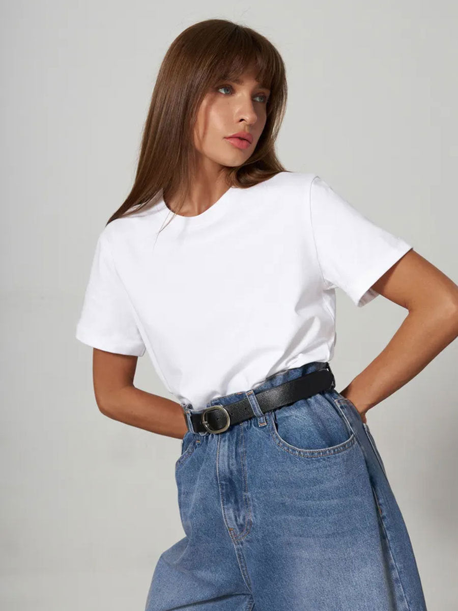 Everyday Cotton Short Sleeve Crew Tee in White — front view on model, tucked