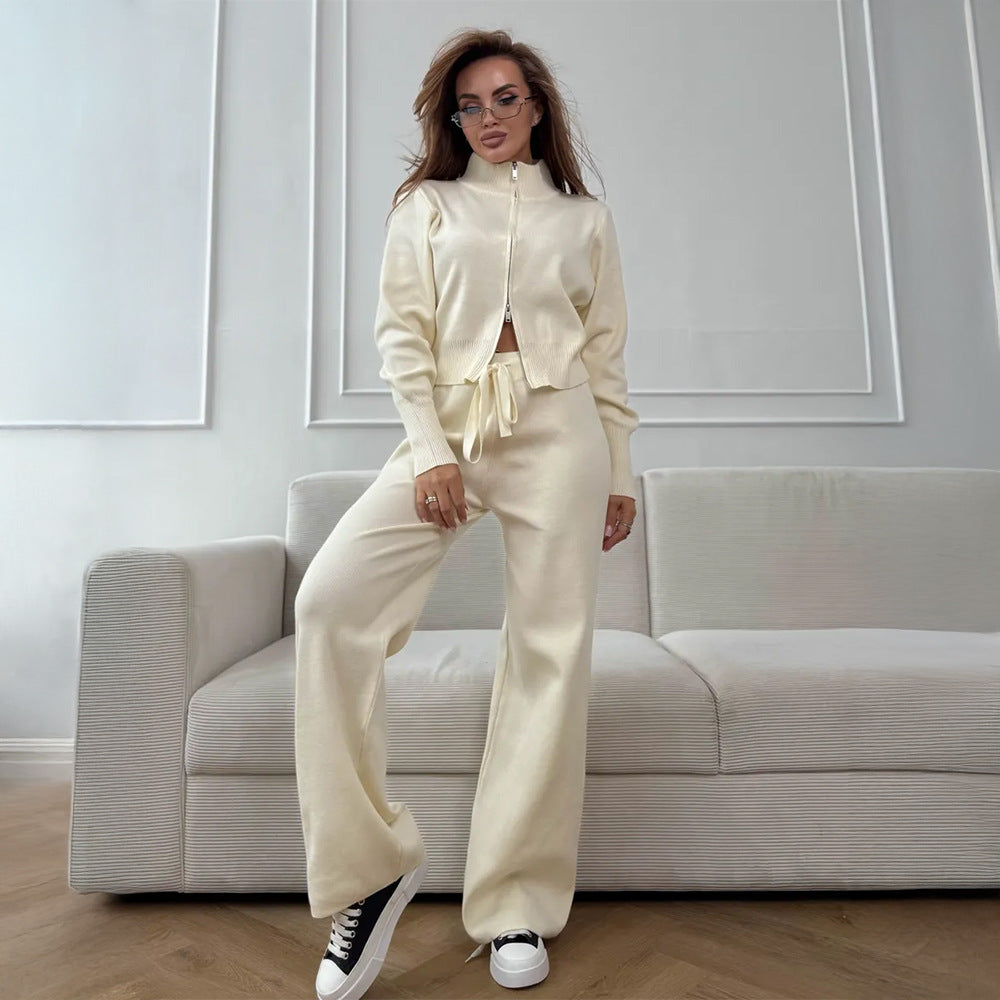 Knit Zip-Up Jacket & Wide-Leg Pants Two-Piece Set in Ivory — set worn on model, front view