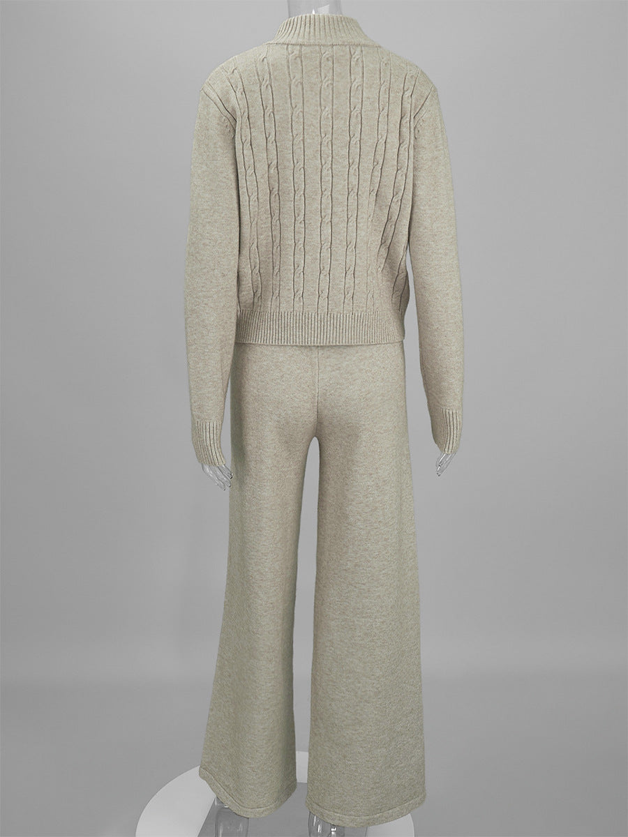 Cable Knit Zip-Up Sweater & Straight-Leg Knit Pants Set in Oat — set back view