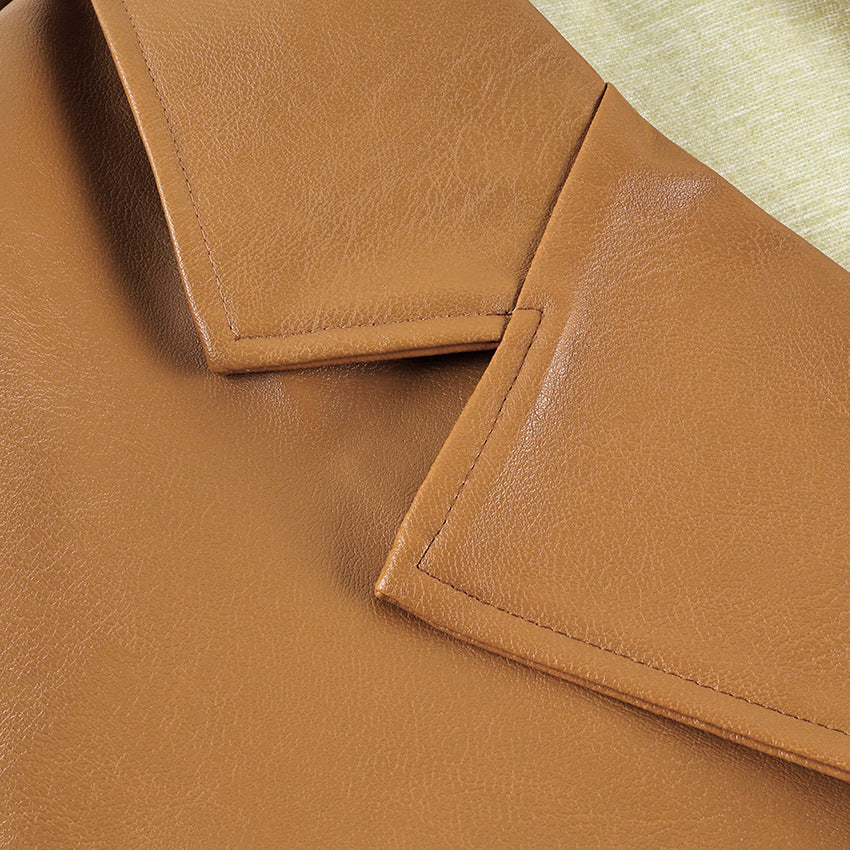 Faux Leather Blazer Jacket with Padded Shoulders in Cognac — close-up of the notch lapel