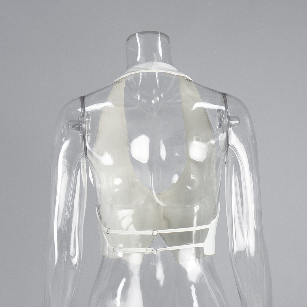 Open-Back Halter Crop Vest in White — back view on mannequin