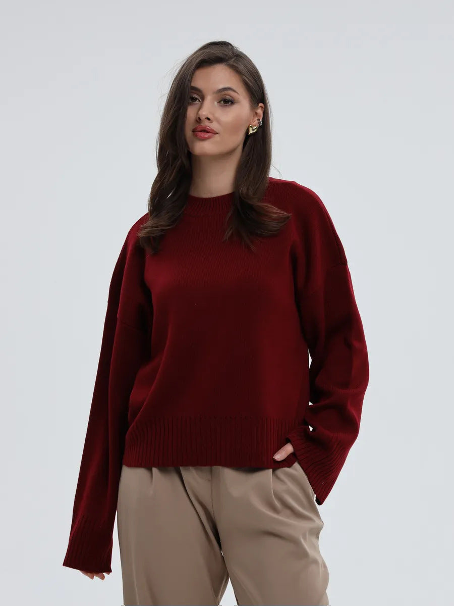 Relaxed Crew Neck Sweater with Split Cuffs in Burgundy — front view on model or garment
