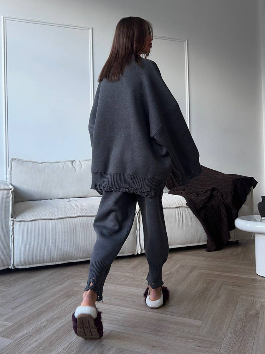 Distressed-Hem Oversized Knit Sweater & Jogger Set in Charcoal — side view on model