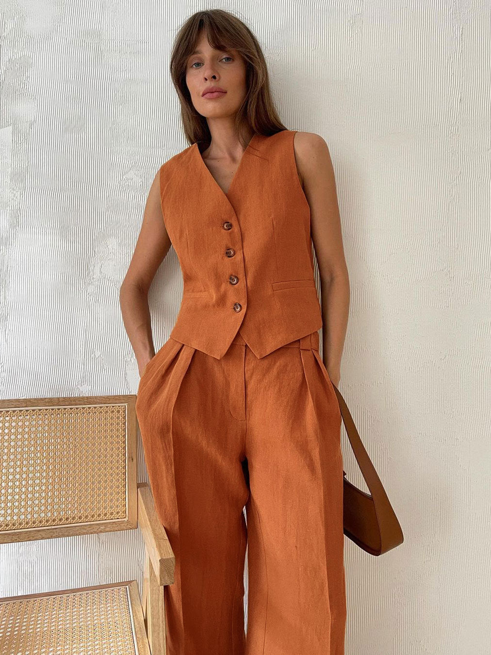 Linen-Blend Vest & Wide-Leg Pants Set in Burnt Orange — on model outdoors