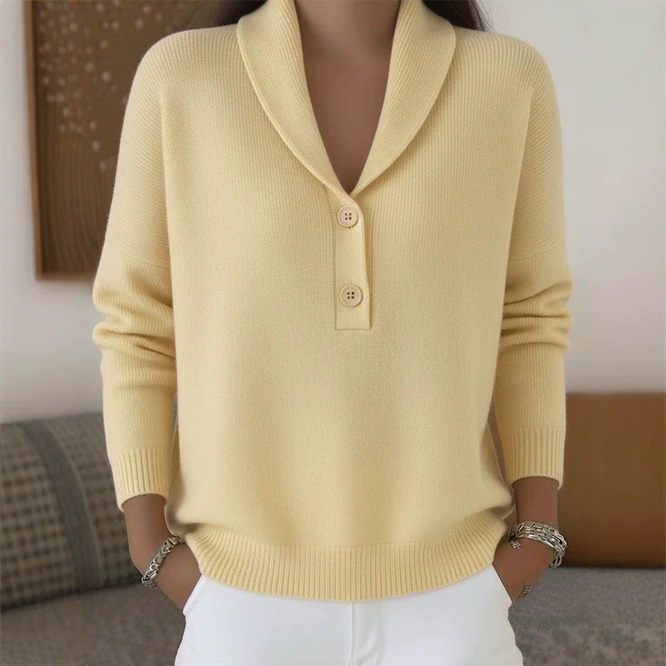 Shawl-Collar Button Knit Sweater in Butter Yellow — front view on model