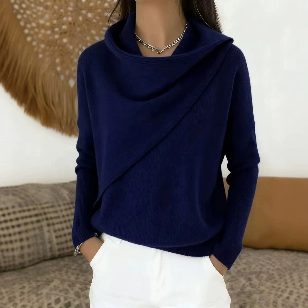 Draped Cowl-Neck Knit Sweater in Navy — front view on model
