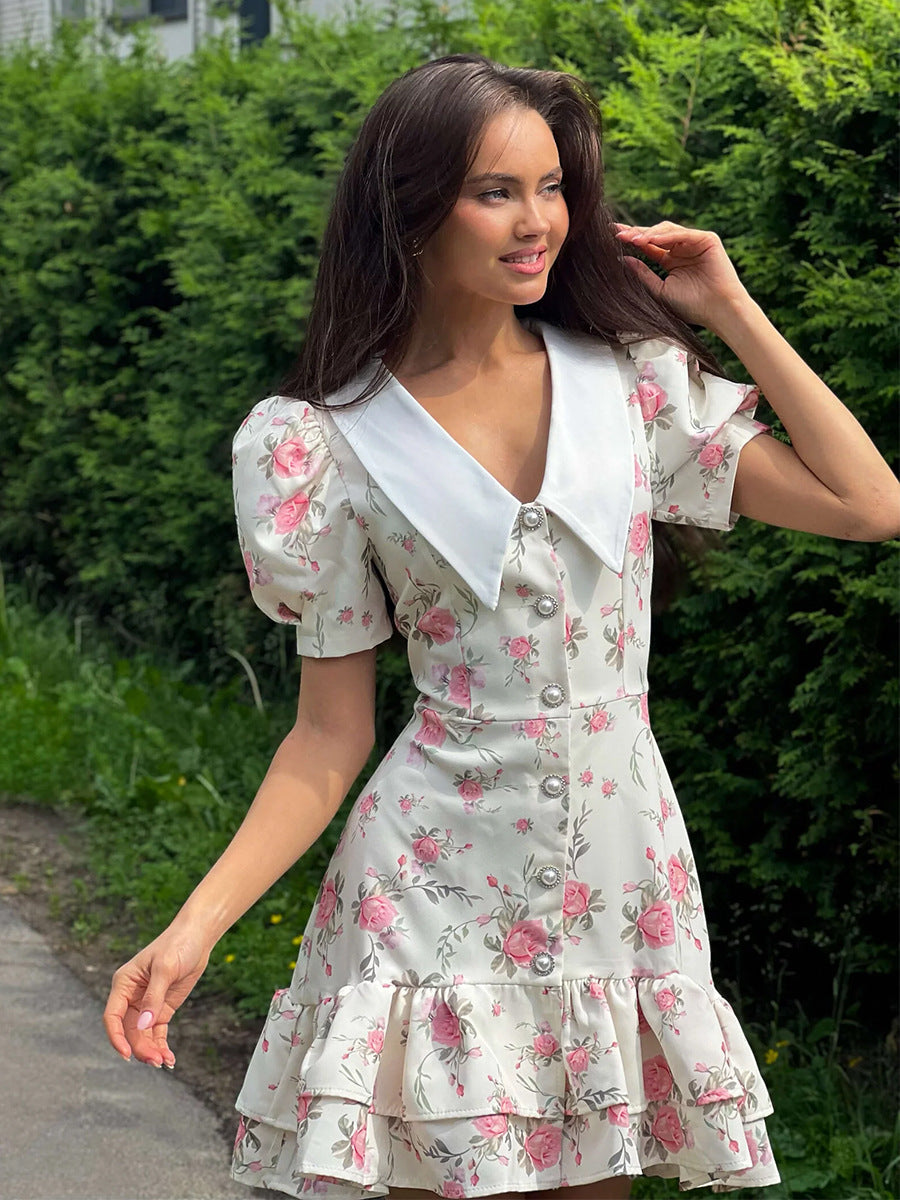 Floral Puff-Sleeve Mini Dress with Contrast Collar in Cream Floral — front view outdoors