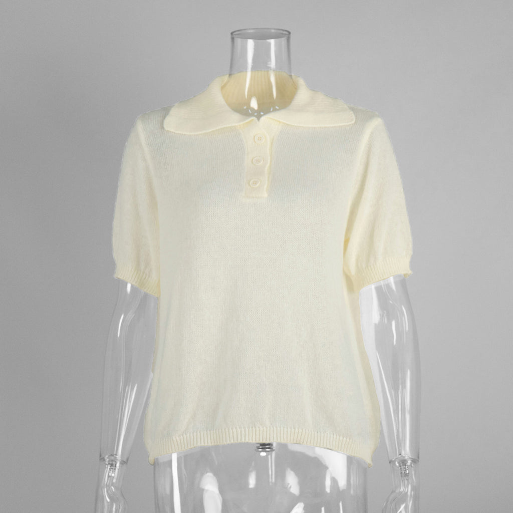 Soft Knit Short Sleeve Polo Top in Cream — front view on mannequin