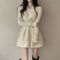 Cable-Knit Polo Sweater & Flared Mini Skirt Set in Apricot — front view on model