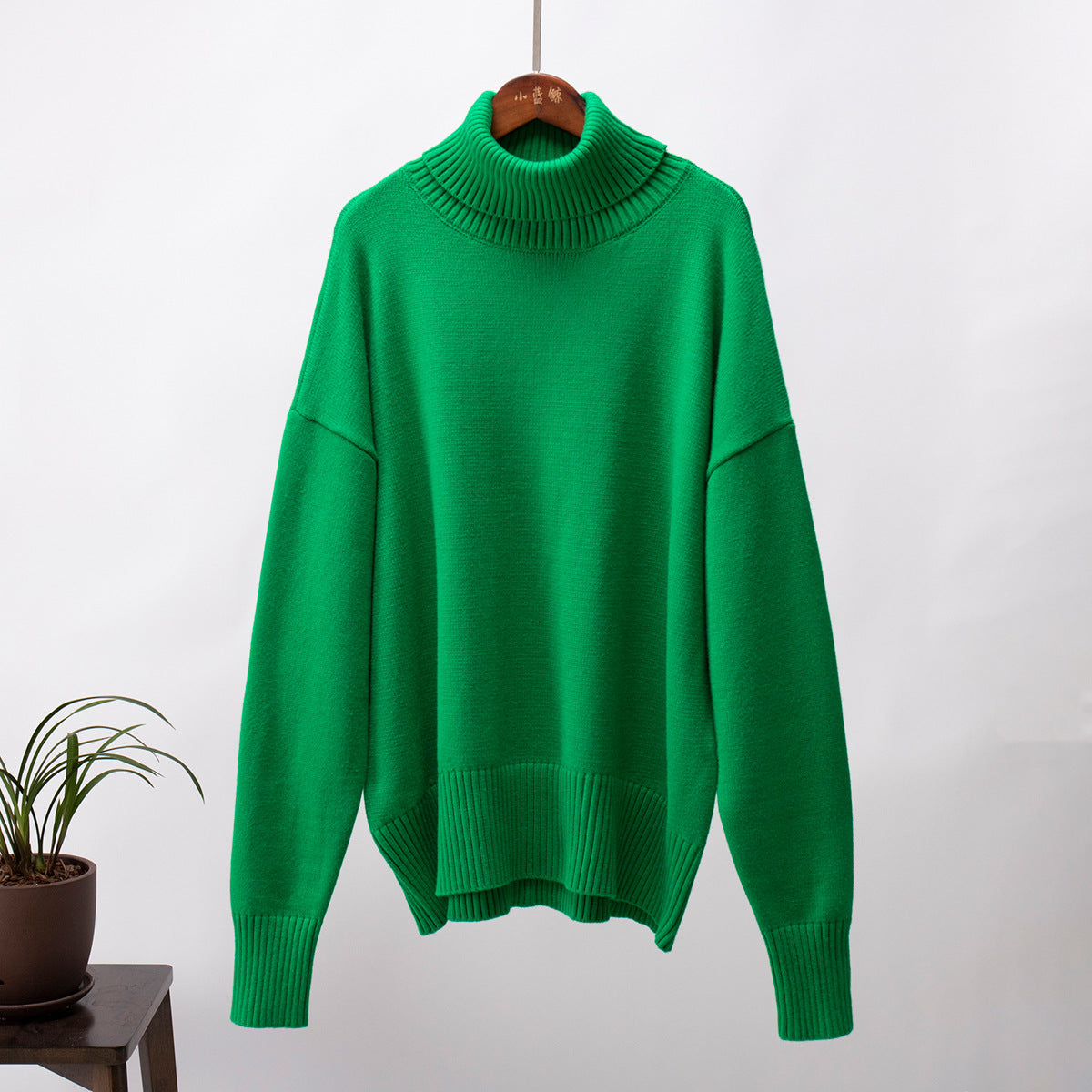 Oversized Knit Turtleneck Sweater in Kelly Green — front view