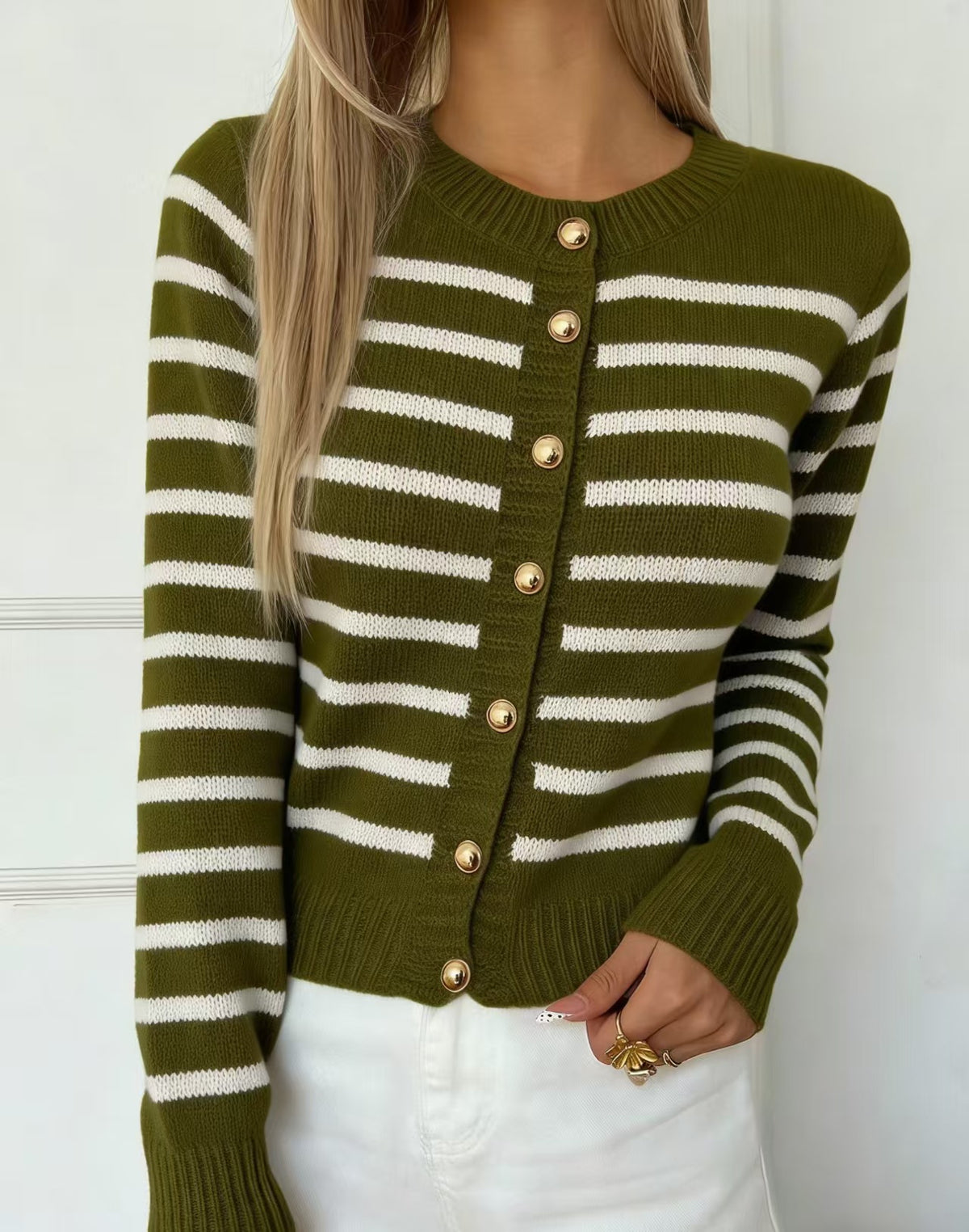 Striped Crew-Neck Cardigan with Gold Buttons in Olive & Cream — front view on model