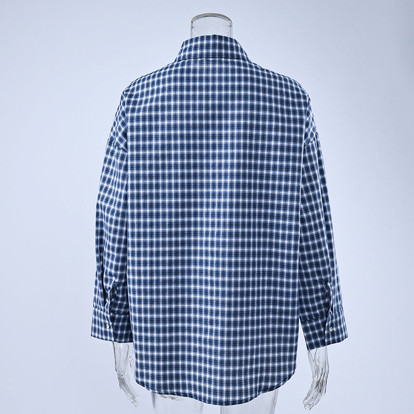 Oversized Cotton Plaid Button-Up Shirt in Navy Plaid — back view on mannequin