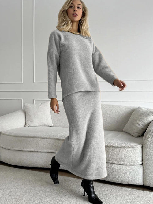 Brushed Knit Sweater & Mermaid Maxi Skirt Set in Light Gray — full-length front view on model