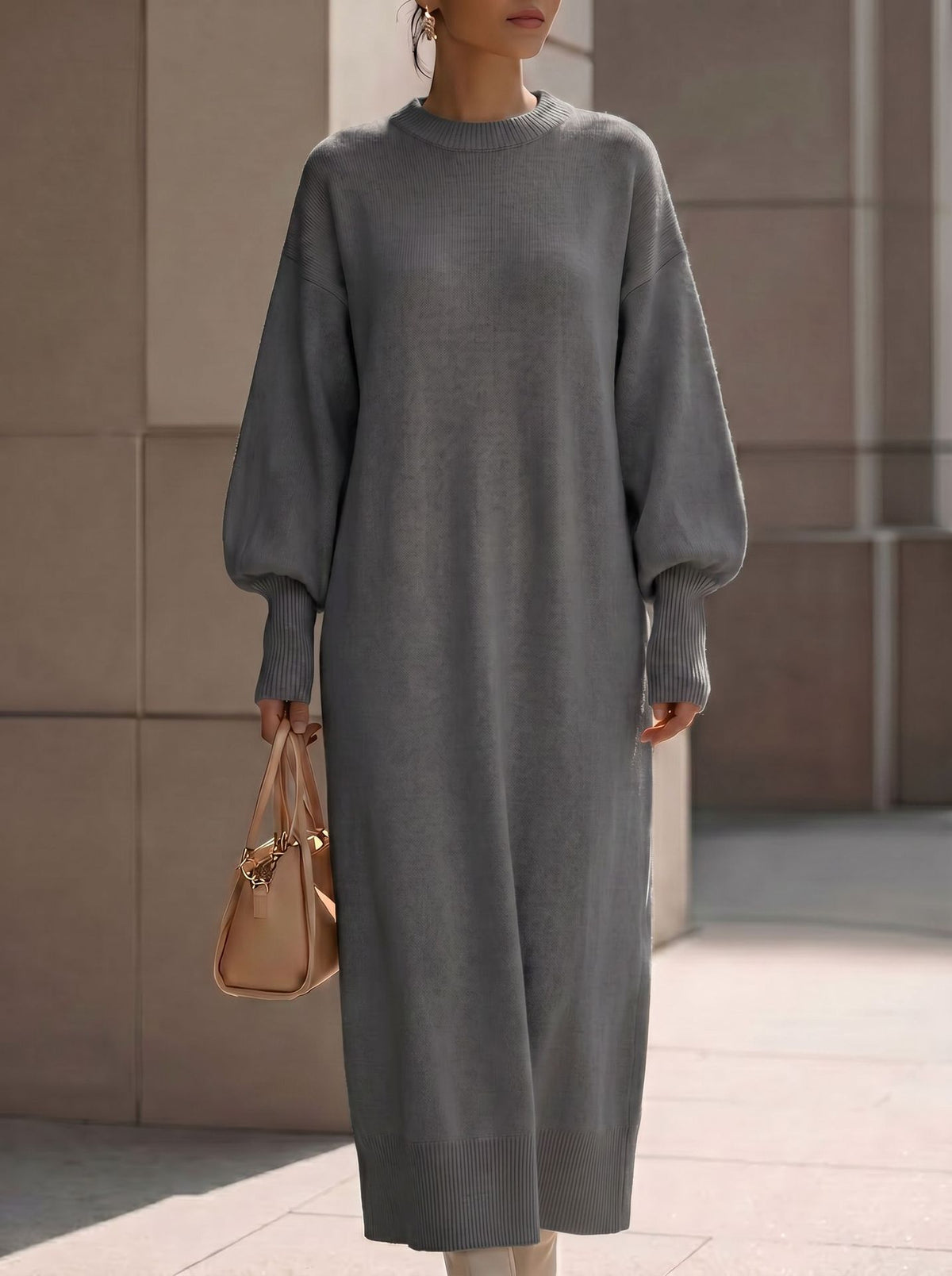Balloon-Sleeve Knit Maxi Sweater Dress in Charcoal — full-length view on model
