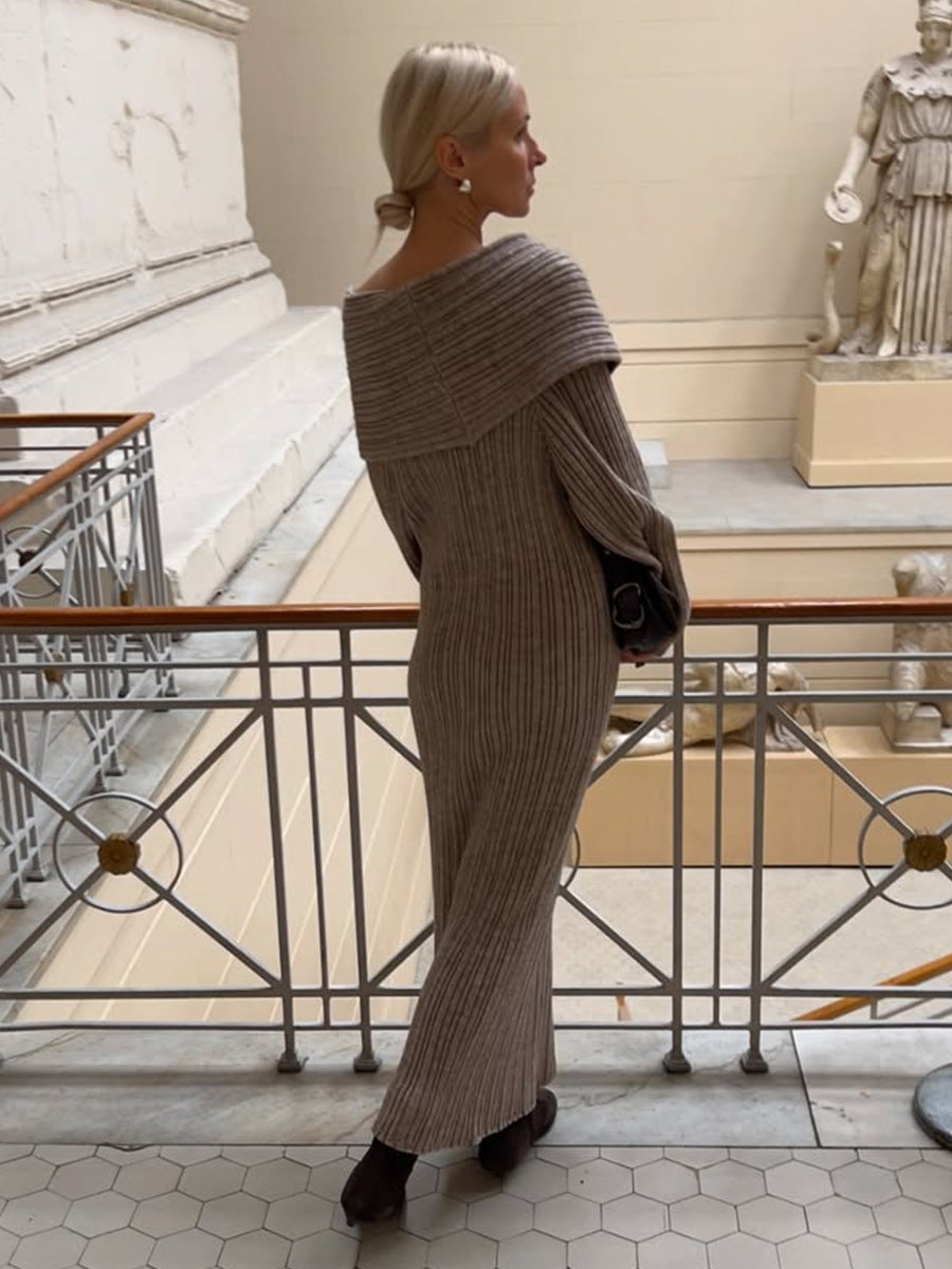Off-Shoulder Fold-Over Collar Ribbed Knit Maxi Dress in Taupe — back view on model