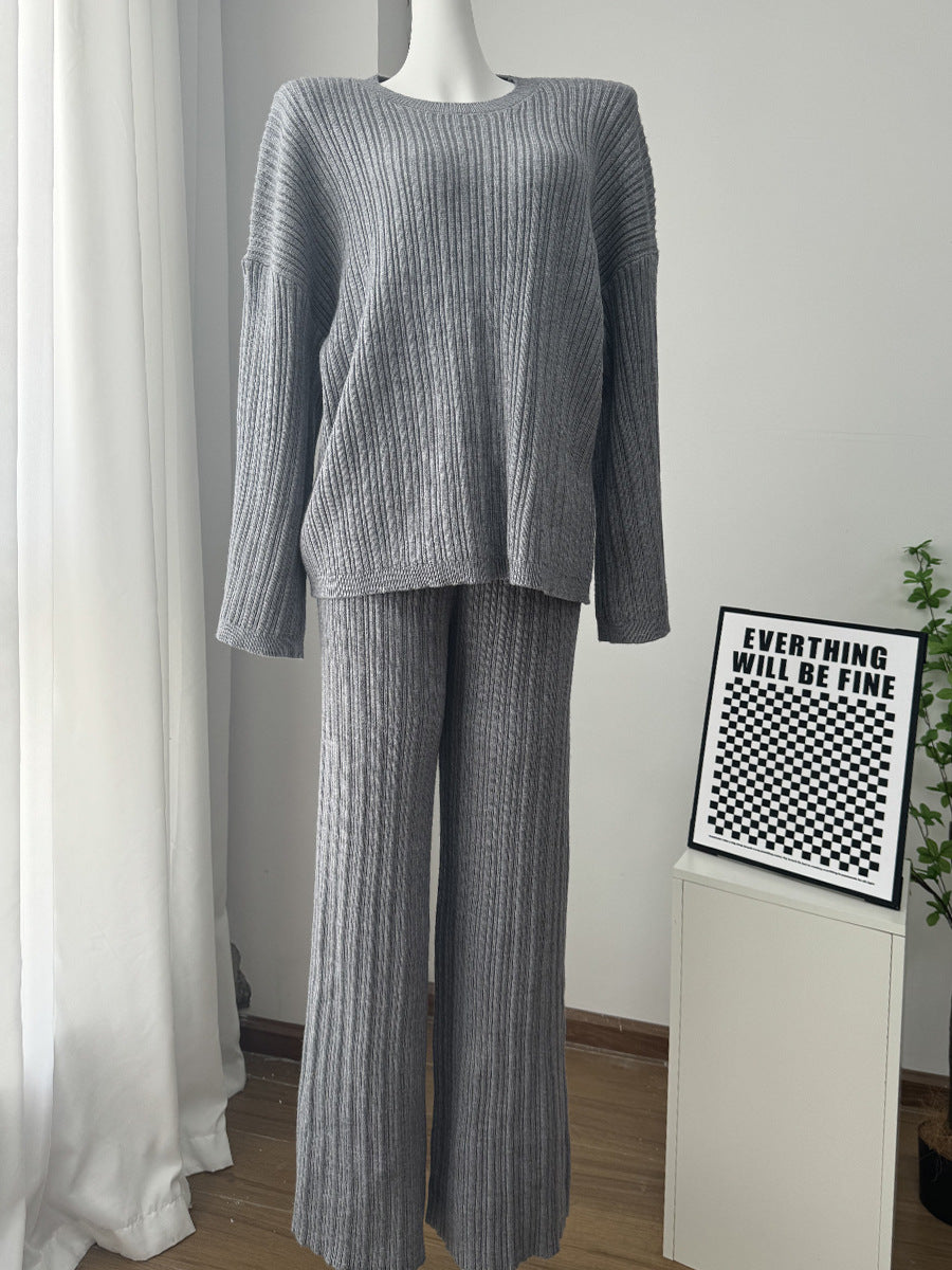 Three Piece Ribbed Sweater and Pants Set with Scarf in Heather Gray — sweater and pants shown without the scarf