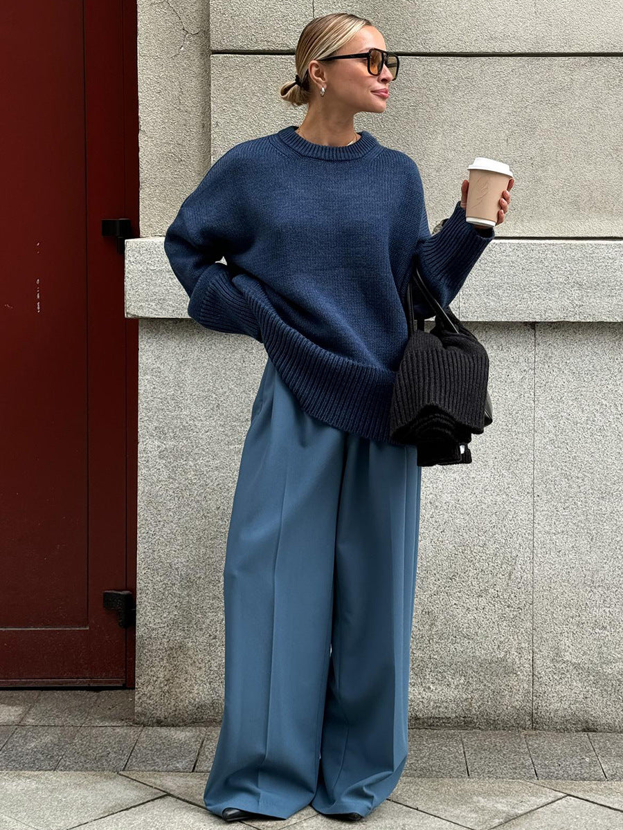 Slouchy Oversized Crew Neck Sweater in Navy — front view on model with jeans