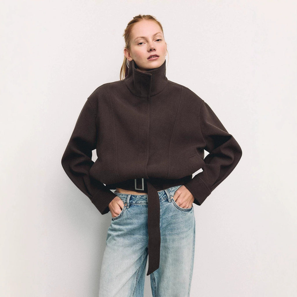 Funnel Neck Wool-Look Jacket with Buckle Hem Strap in Dark Brown — front view on model with jeans