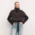 Funnel Neck Wool-Look Jacket with Buckle Hem Strap in Dark Brown — front view on model with jeans