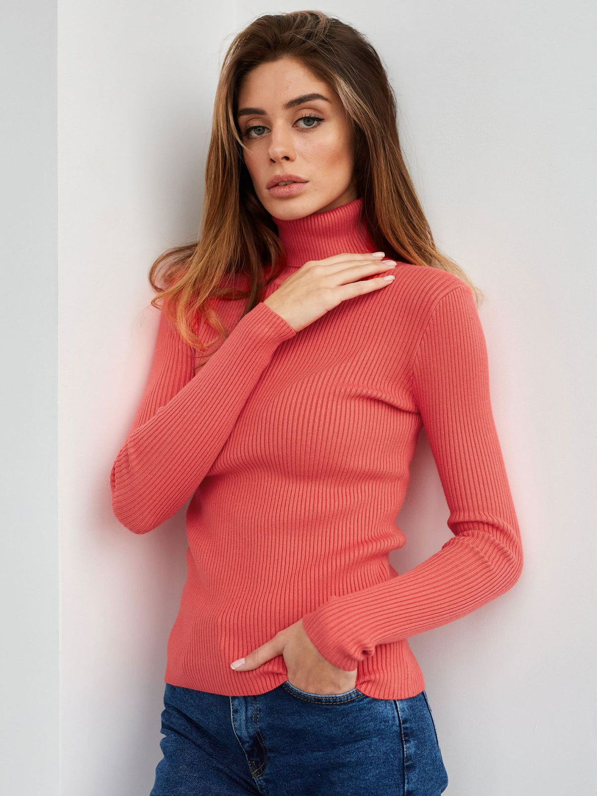 Fitted Ribbed Turtleneck Sweater in Coral — front view