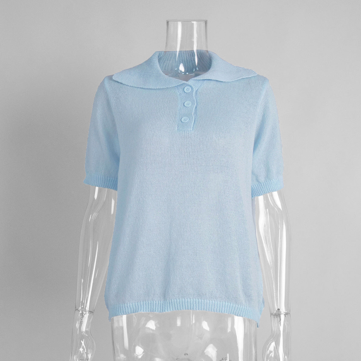 Soft Knit Short Sleeve Polo Top in Light Blue — front view on mannequin