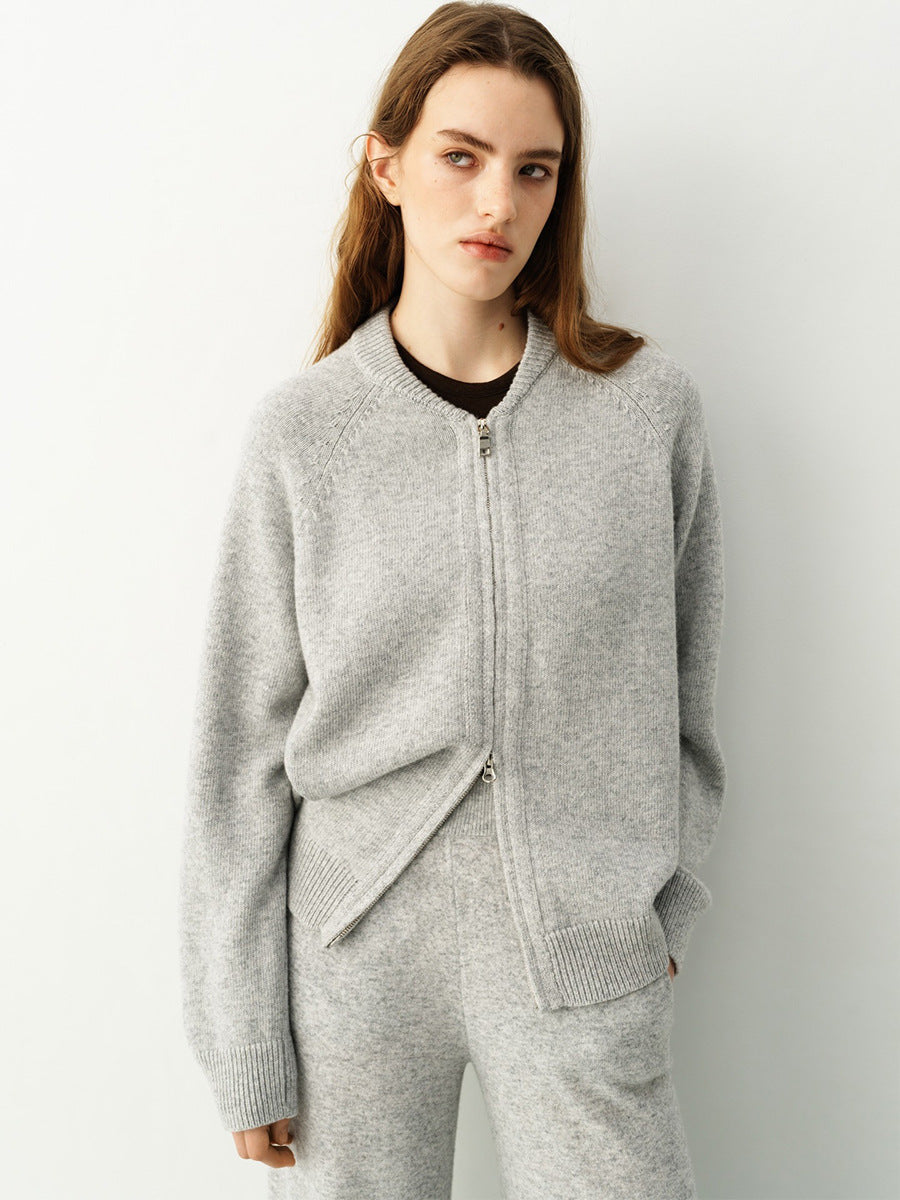 Three-Piece Knit Set: Zip-Up Cardigan, Sleeveless Top & Wide-Leg Pants in Heather Gray — front view of the zip cardigan on model