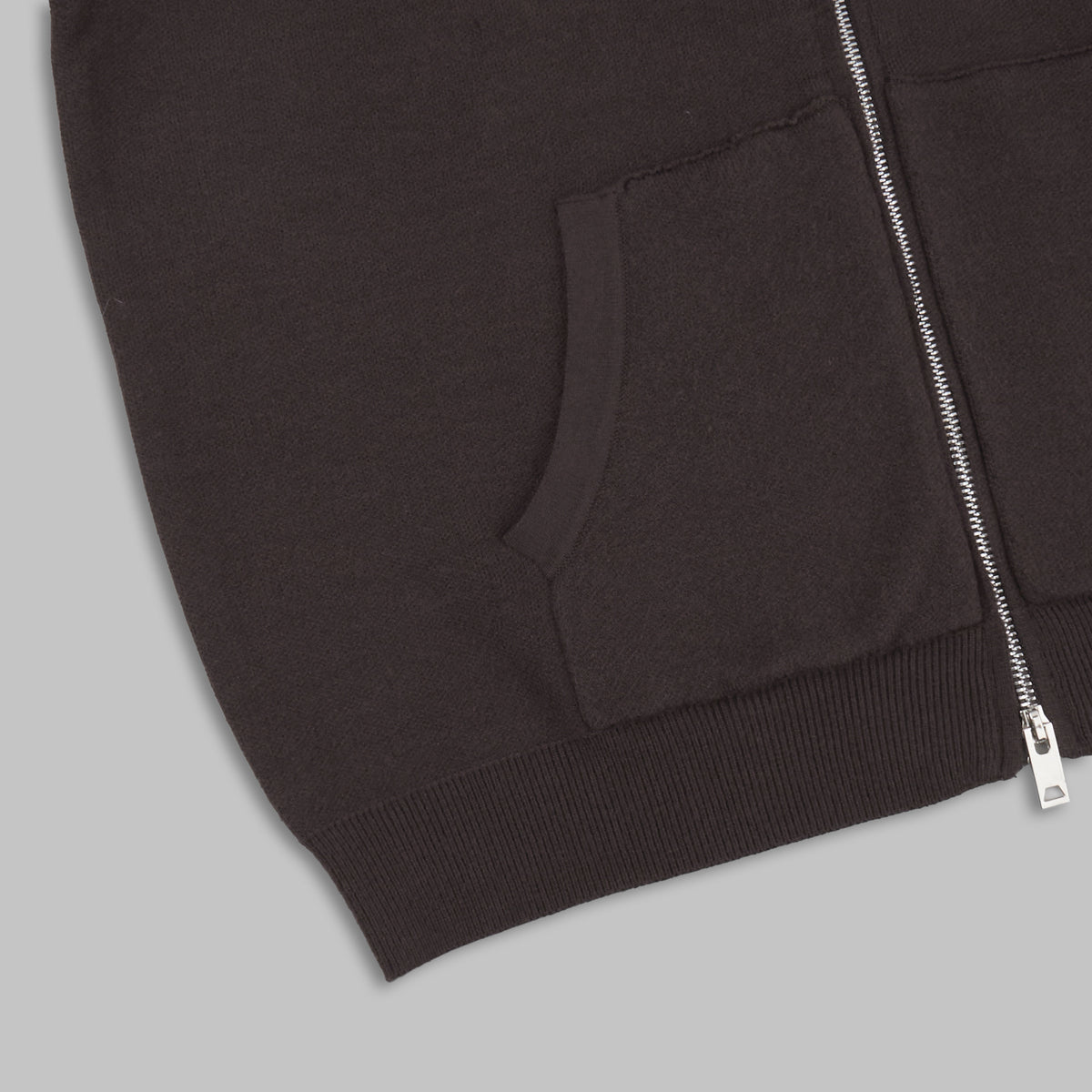 Oversized Hooded Zip-Up Knit & Drawstring Wide-Leg Pants Set in Chocolate — close-up of the front pocket