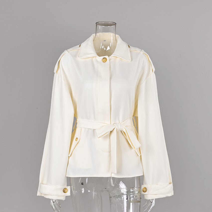 Belted Twill Utility Jacket with Epaulettes in Ivory — front view on mannequin, belted