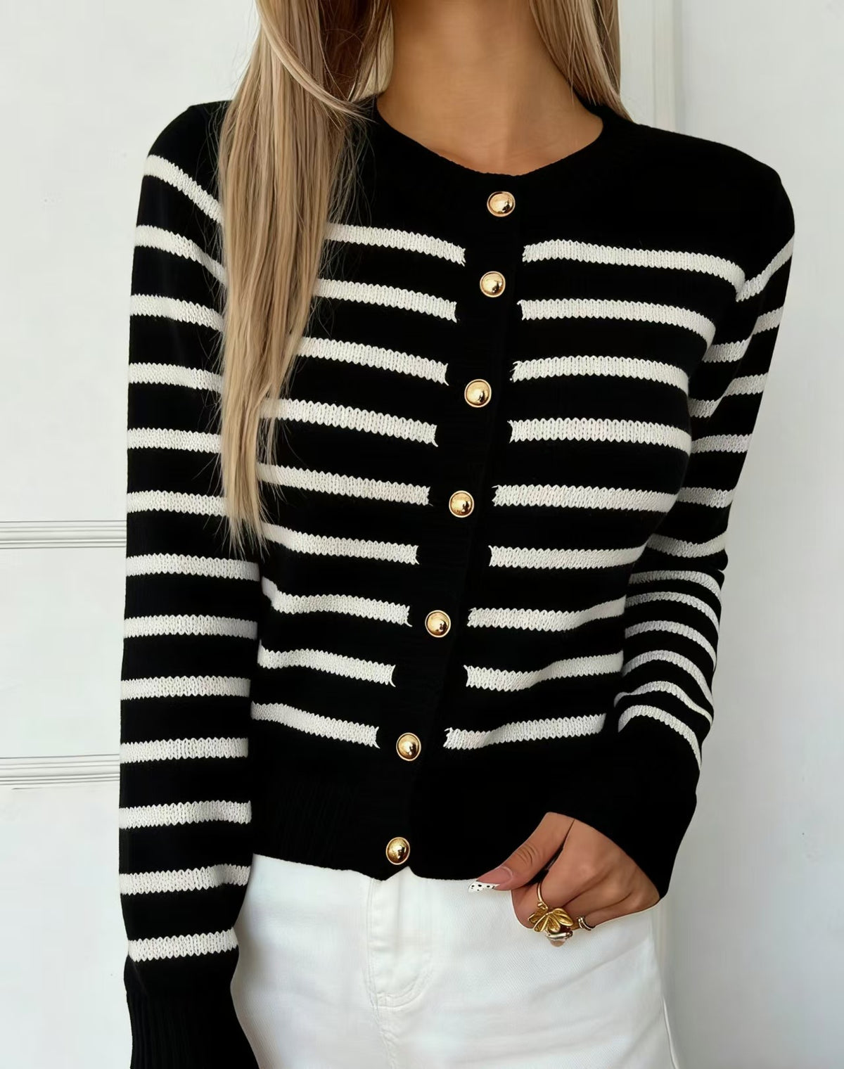 Striped Crew-Neck Cardigan with Gold Buttons in Black & Cream — front view on model