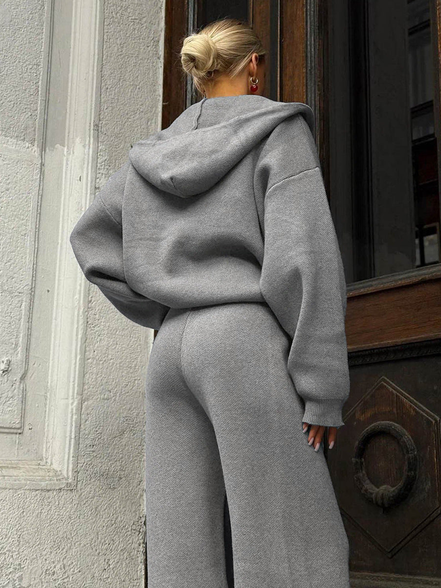 Oversized Hooded Zip-Up Knit & Drawstring Wide-Leg Pants Set in Heather Gray — back view with the hood up