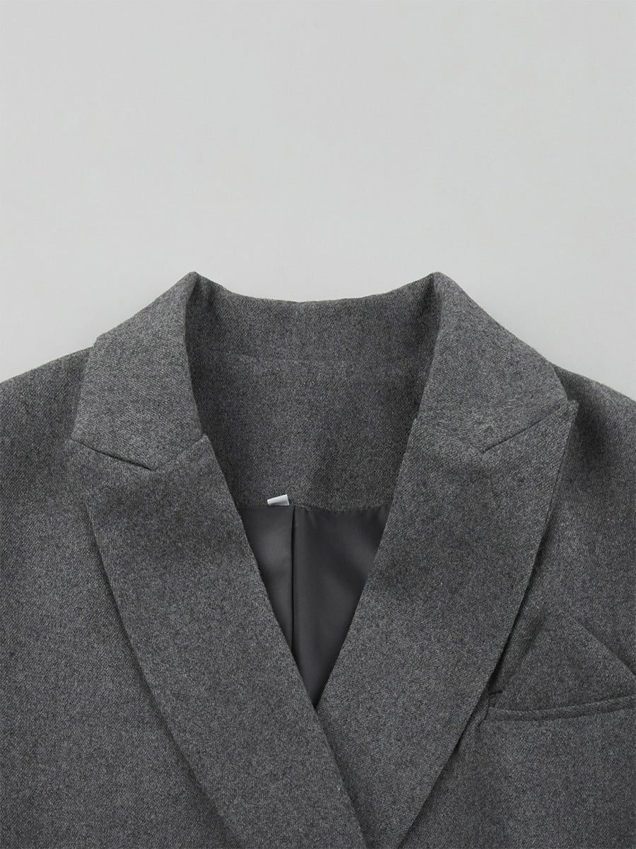 Oversized Double-Breasted Belted Blazer Jacket in Charcoal Gray — close-up of the peak lapels