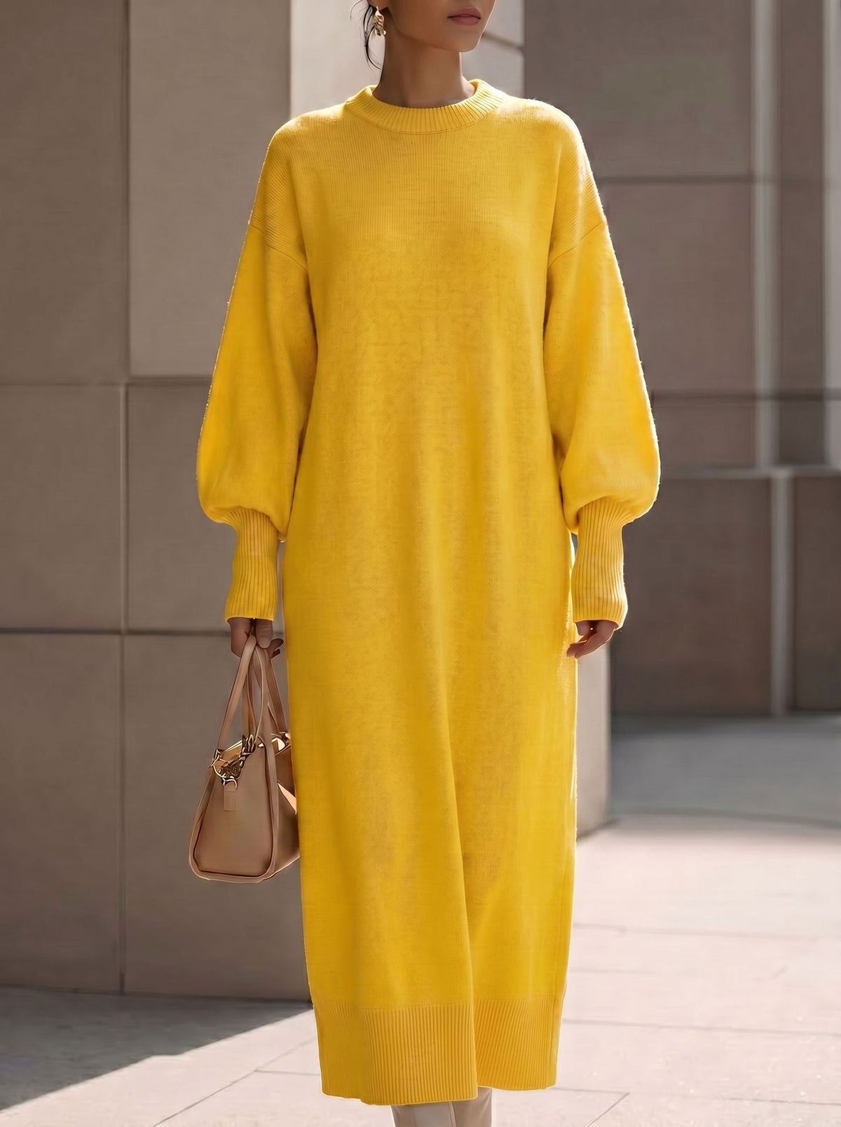 Balloon-Sleeve Knit Maxi Sweater Dress in Mustard Yellow — full-length view on model