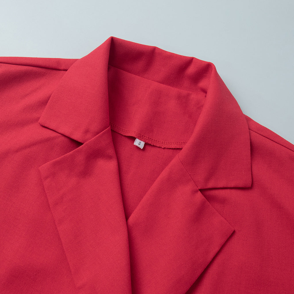 Linen-Blend Long Wrap Duster Dress in Cherry Red — close-up of the notched lapel
