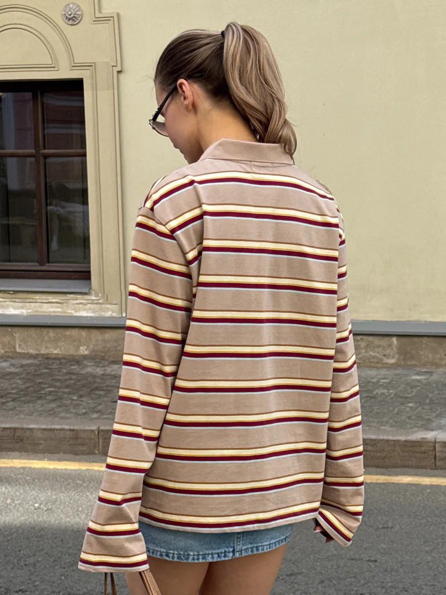 Relaxed Striped Long Sleeve Polo Shirt in Khaki Stripe — back view on model