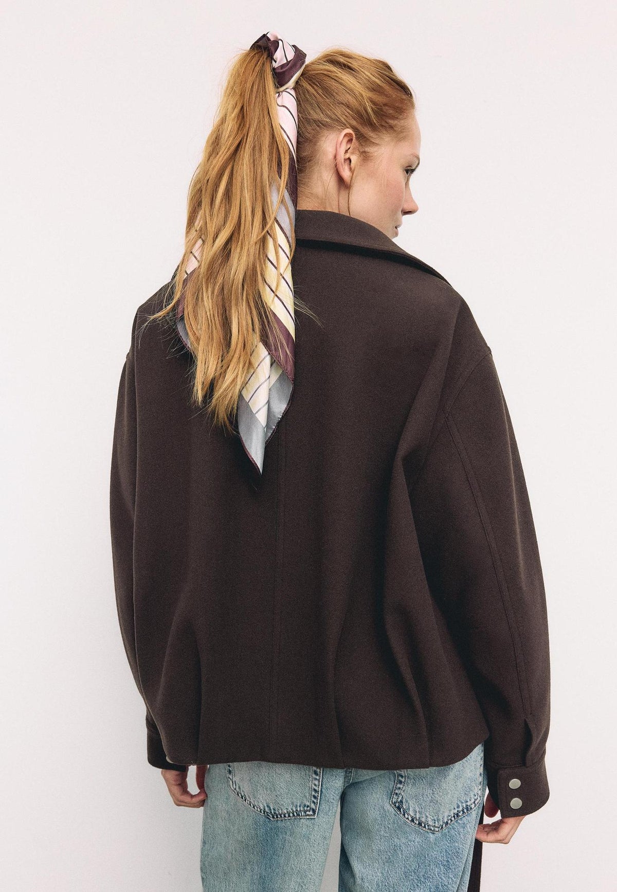 Funnel Neck Wool-Look Jacket with Buckle Hem Strap in Dark Brown — back view on model