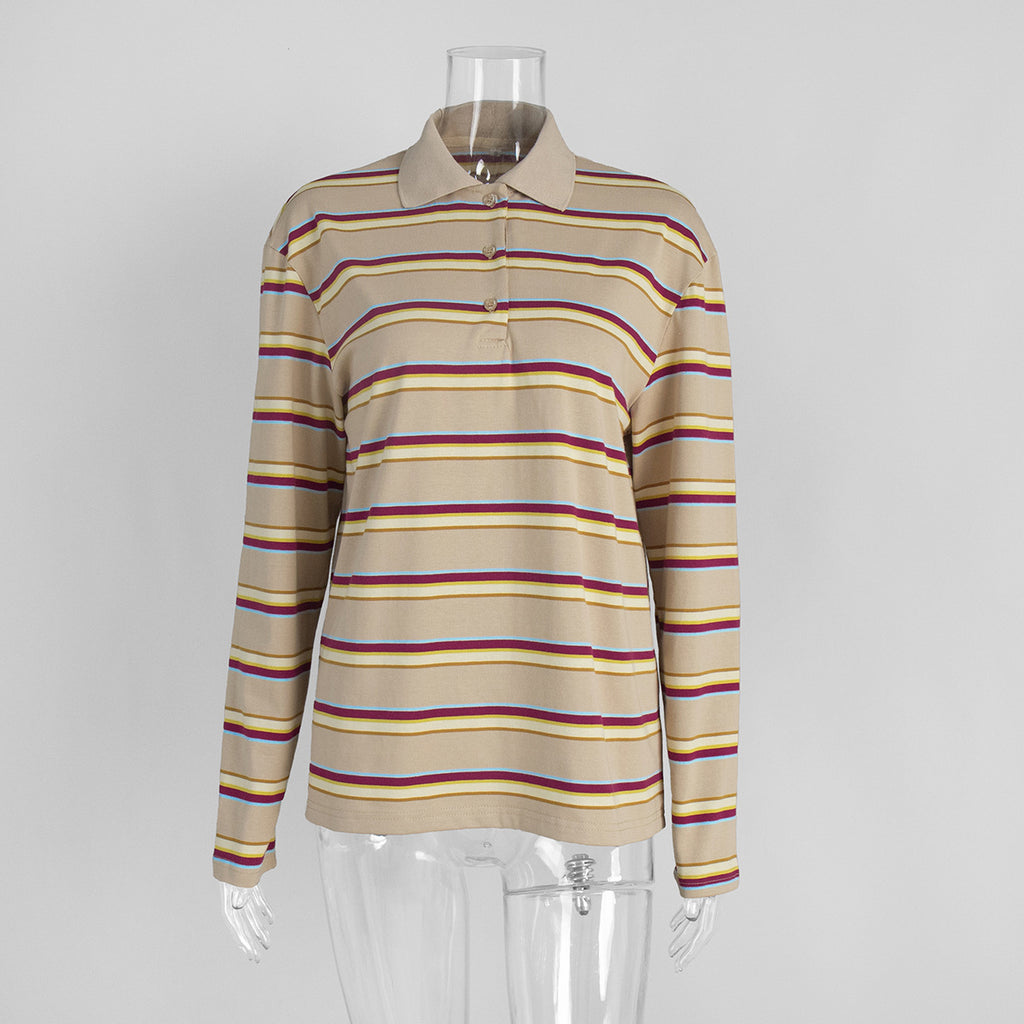 Relaxed Striped Long Sleeve Polo Shirt in Khaki Stripe — front view