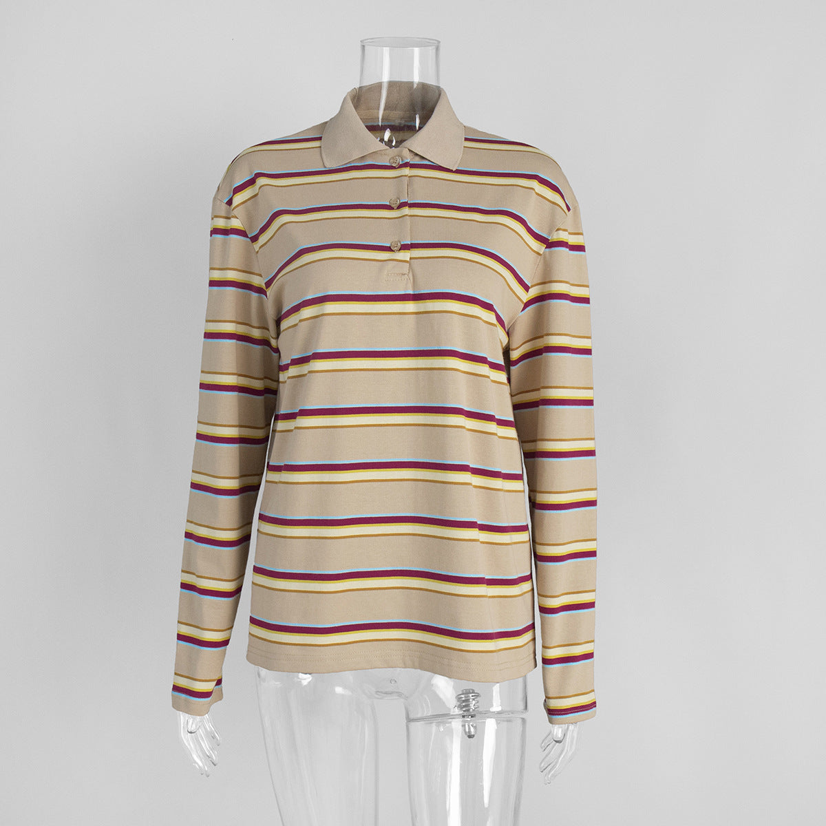 Relaxed Striped Long Sleeve Polo Shirt in Khaki Stripe — front view