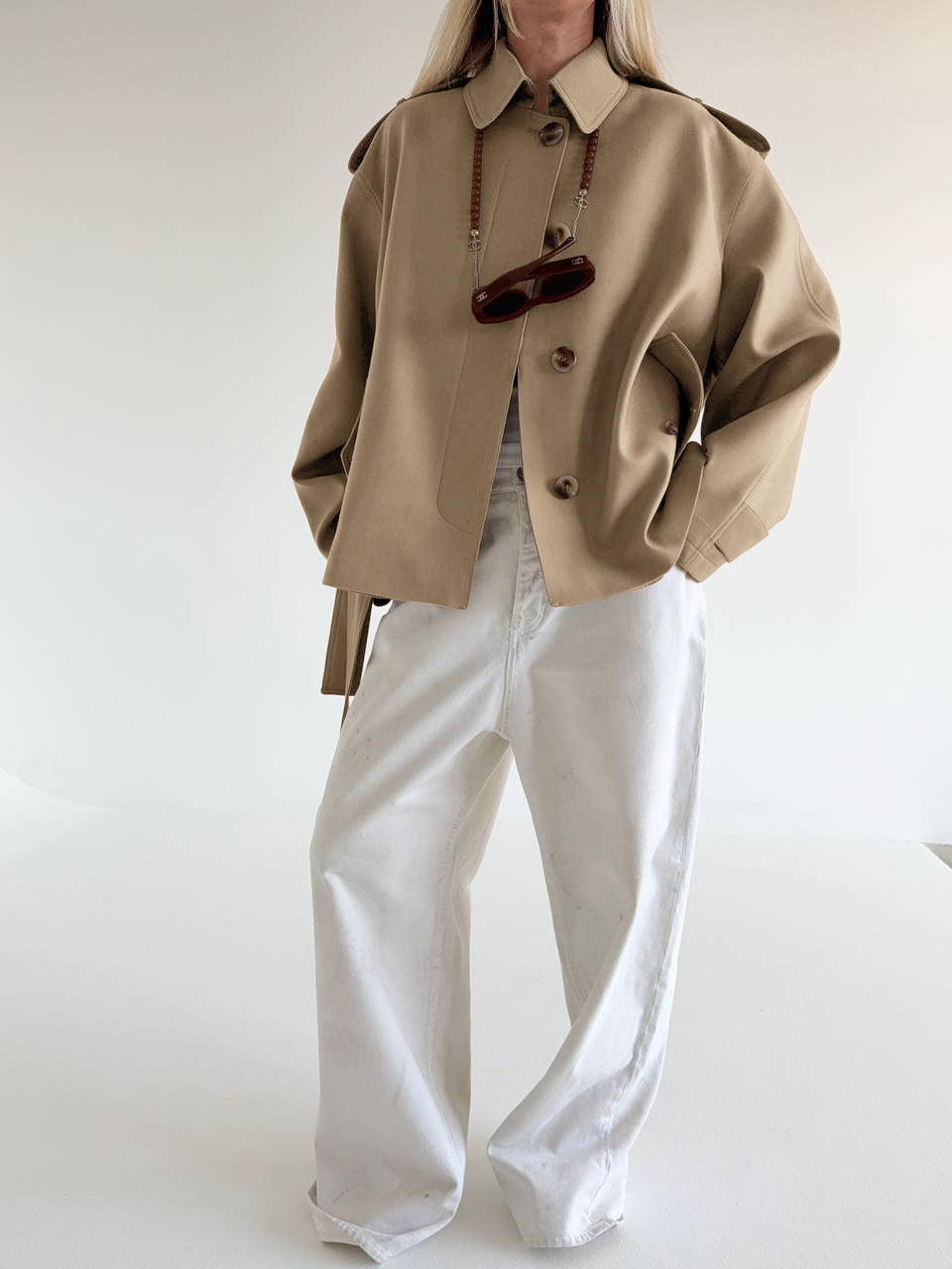Belted Twill Utility Jacket with Epaulettes in Tan — full-length view on model, worn open