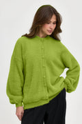 Fuzzy Round Neck Button Cardigan in Lime — front view on model or garment