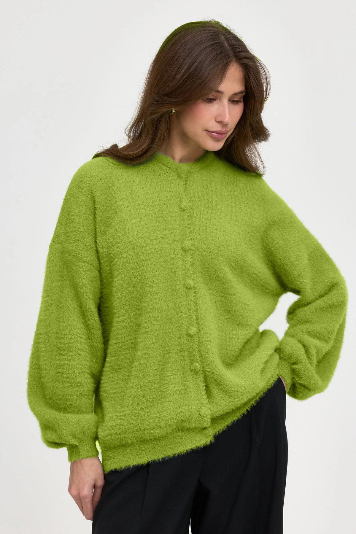 Fuzzy Round Neck Button Cardigan in Lime — front view on model or garment