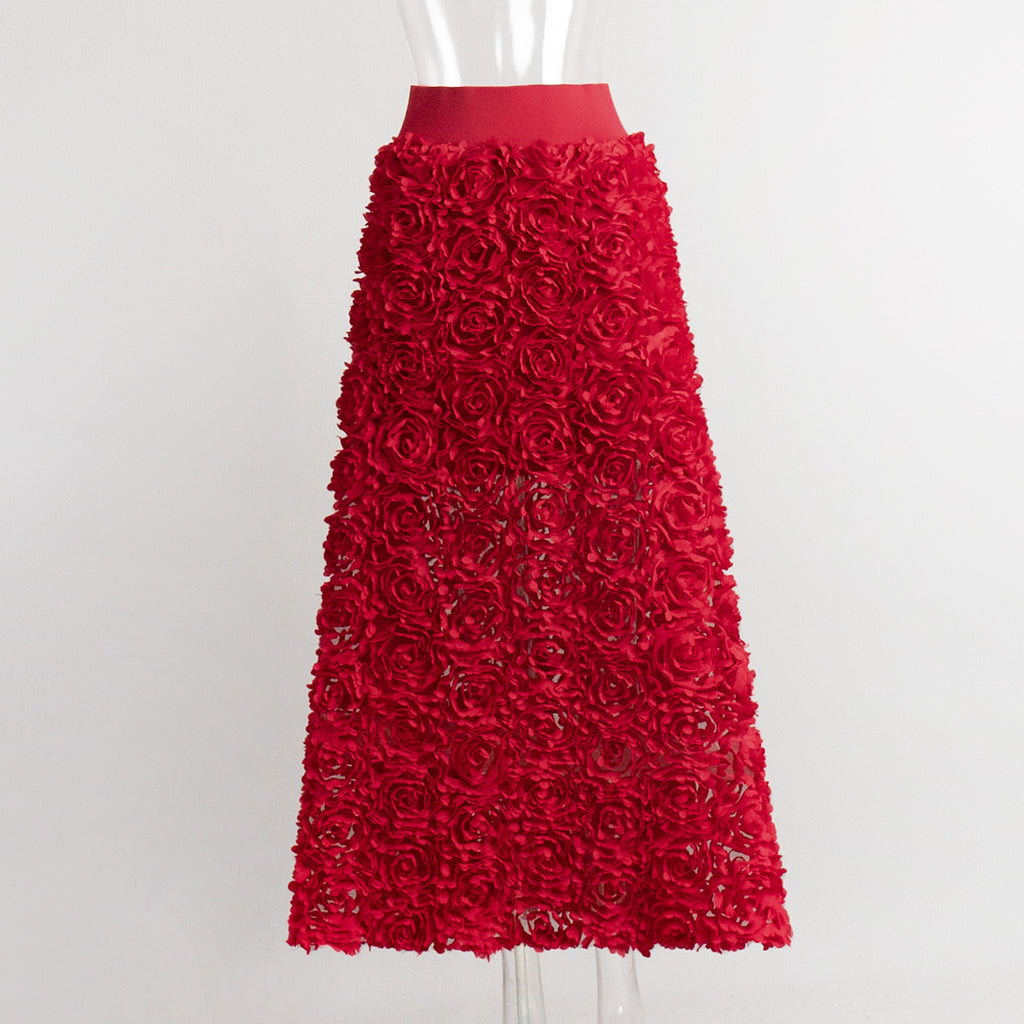 3D Rose Petal A-Line Maxi Skirt in Red — on mannequin