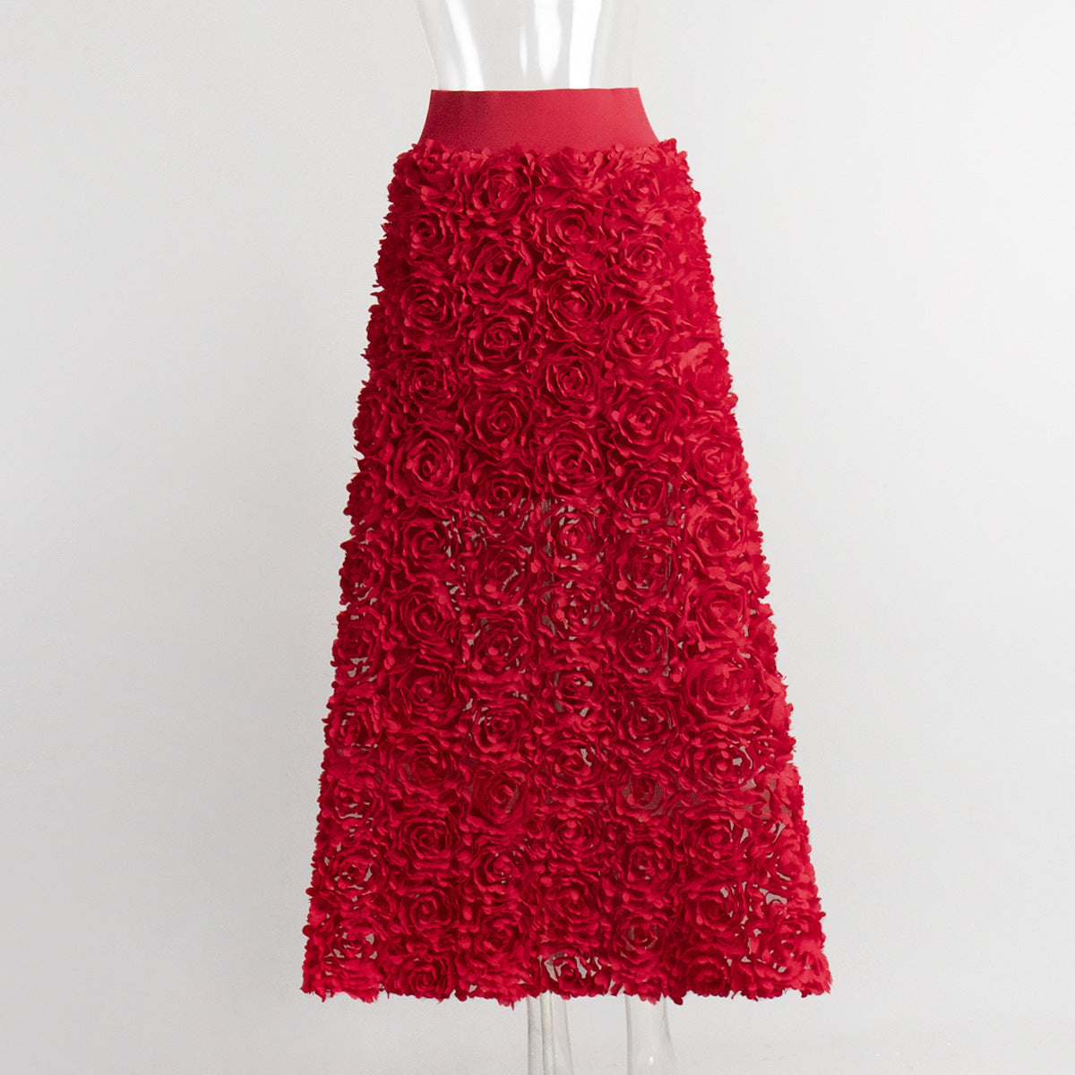 3D Rose Petal A-Line Maxi Skirt in Red — on mannequin