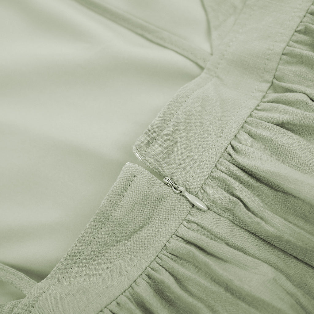 Tie-Shoulder Open-Back Cotton Maxi Dress in Sage Green — close-up of open back