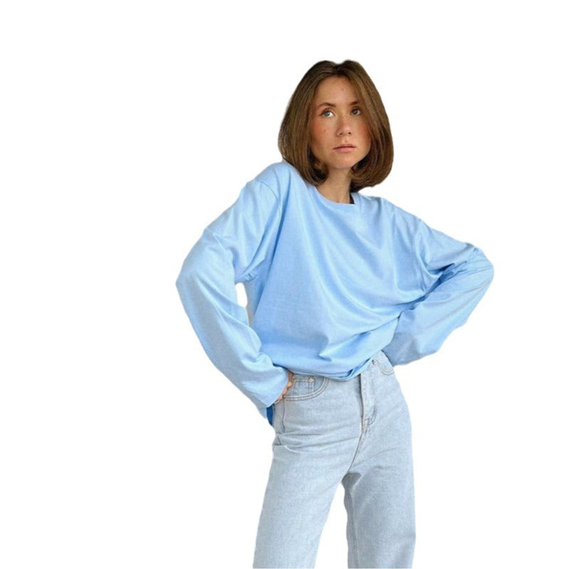 Relaxed Drop-Shoulder Cotton Long Sleeve Tee in Light Blue — front view on model or garment