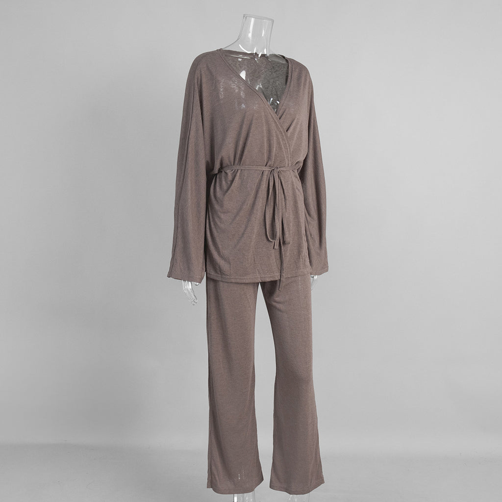 Wrap Tie Top & Wide-Leg Lounge Pants Set in Cocoa — side view on mannequin